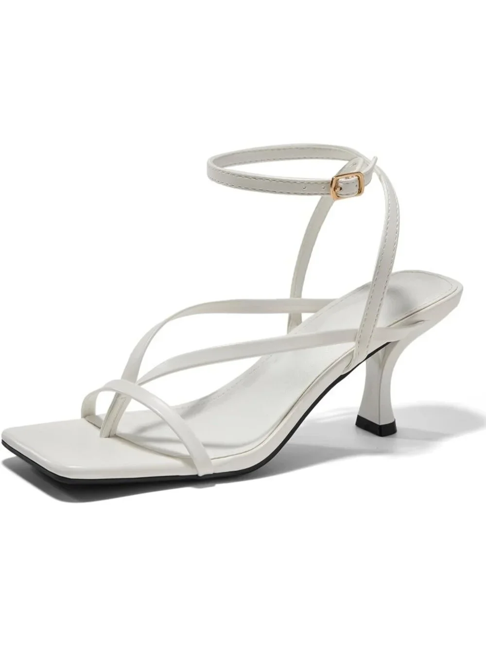 Women's White Lace Up Heels Sandal Square Toe Flip Flop Kitten Heel Ankle Strap
